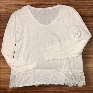Garnet Hill Top Size Small Ivory White 100% Organic Linen Lace Hem Long Sleeve